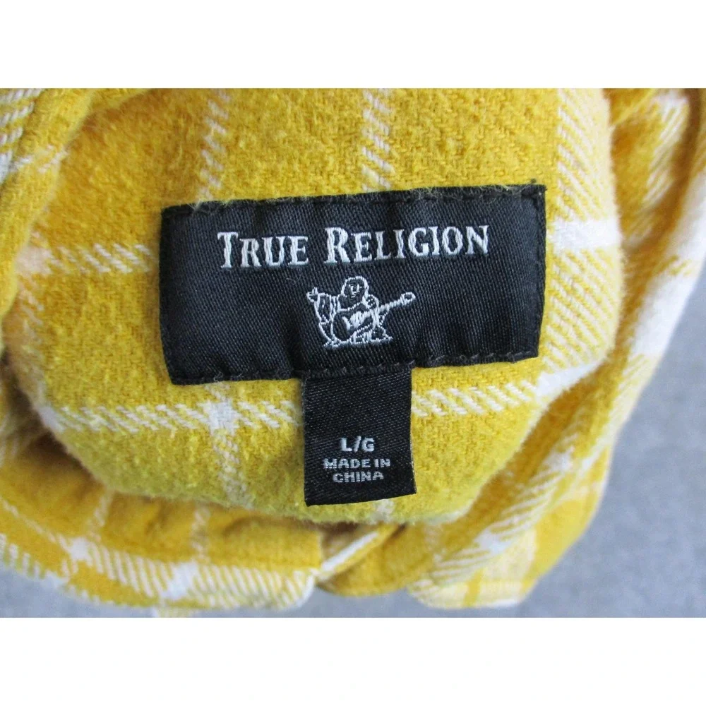 True Religion Shirt Mens Large Yellow White Plaid Flannel Long Sleeve Button Up